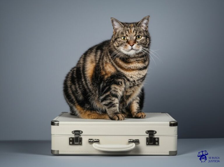 Un enorme gato obeso, con las garras afiladas y una expresión de satisfacción, sentado sobre una pequeña maleta cerrada. Representa: Retención indebida de pertenencias del inquilino