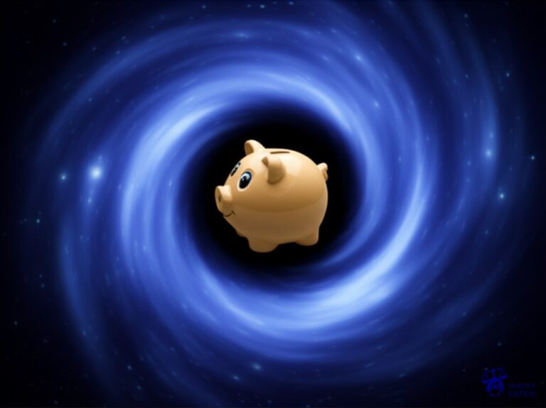 Un gran agujero negro tragándose una alcancía en forma de cerdito. Representa: Retiro de beneficios sociales o jubilatorios por error bancario