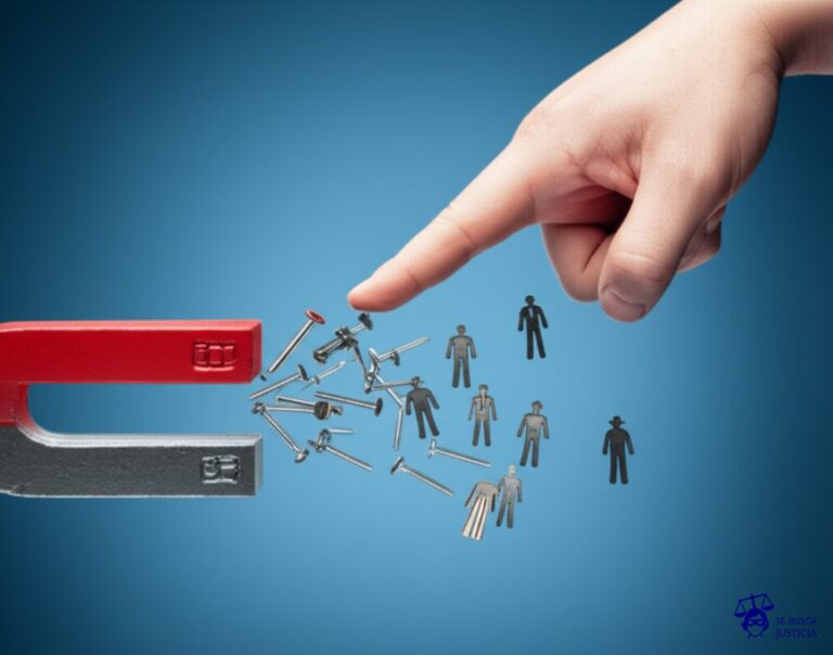 Un imán gigante, con la forma de un dedo apuntando, atrayendo con fuerza a pequeños tornillos metálicos que representan personas, hacia un agujero negro. Representa: Retiro voluntario inducido