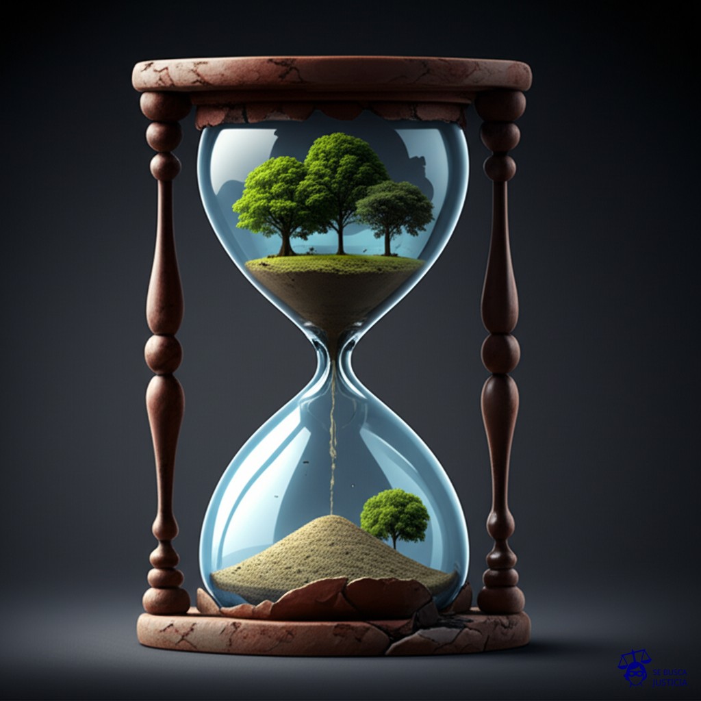 Un reloj de arena con la arena casi vacía, pero en lugar de arena, hay pequeños árboles y plantas. La base del reloj está oxidada y rota. Representa: Retraso en la implementación de la educación ambiental en el sistema educativo