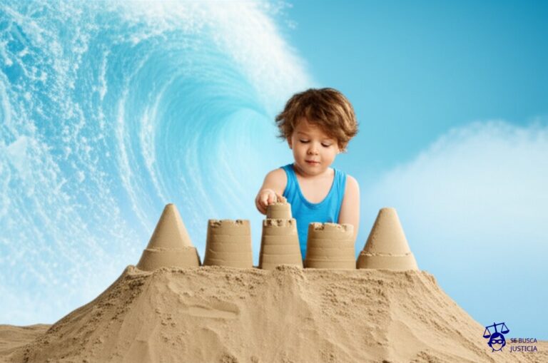 Un niño pequeño, jugando con un castillo de arena cuidadosamente construido, es repentinamente barrido por una ola gigante. Representa: Revocación arbitraria de concesiones administrativas