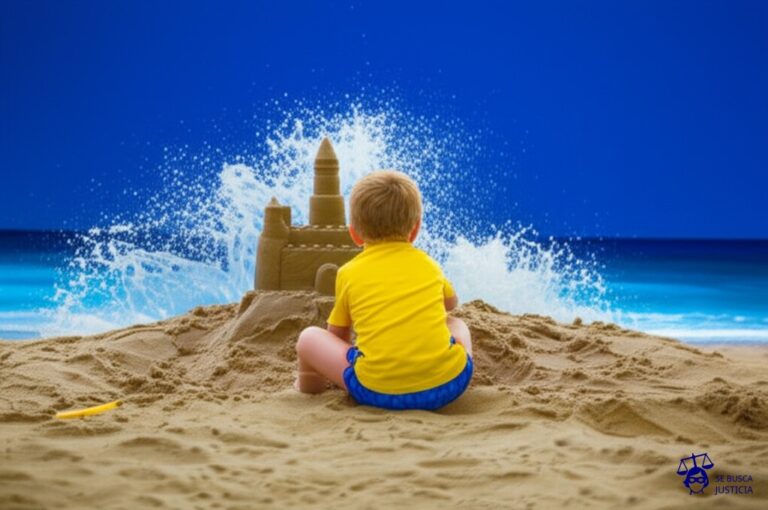 Un niño pequeño jugando con un castillo de arena en la playa. Llega una ola y lo borra instantáneamente. Representa: Revocación de concesiones sin procedimiento previo