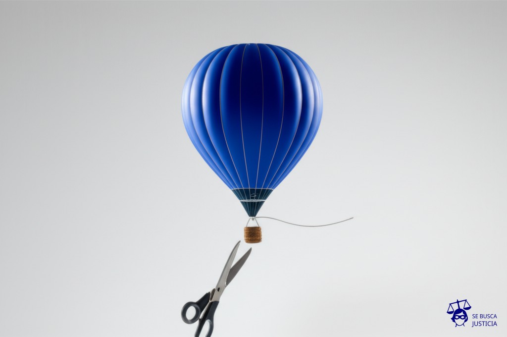 Un par de tijeras cortando el cordón de un globo aerostático. Representa: Revocación de permisos sin causa justificada