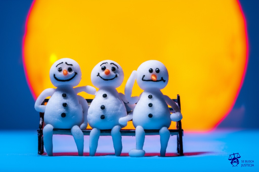 Un grupo de muñecos de nieve, aparentemente felices y tranquilos, sentados en un banco. De repente, un sol radiante y exageradamente grande se acerca a ellos, derritiéndolos lentamente. Representa: Revocaron el sobreseimiento de Oscar Aguad y otros siete ex funcionarios en la causa por presuntas presiones a un empresario
