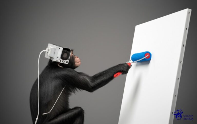 Un mono con una cámara robótica atada al cuello, intentando pintar con un rodillo sobre un lienzo en blanco. Representa: Richard Prince fue demandado por apropiación indebida de imágenes en su serie 'Canal Zone'