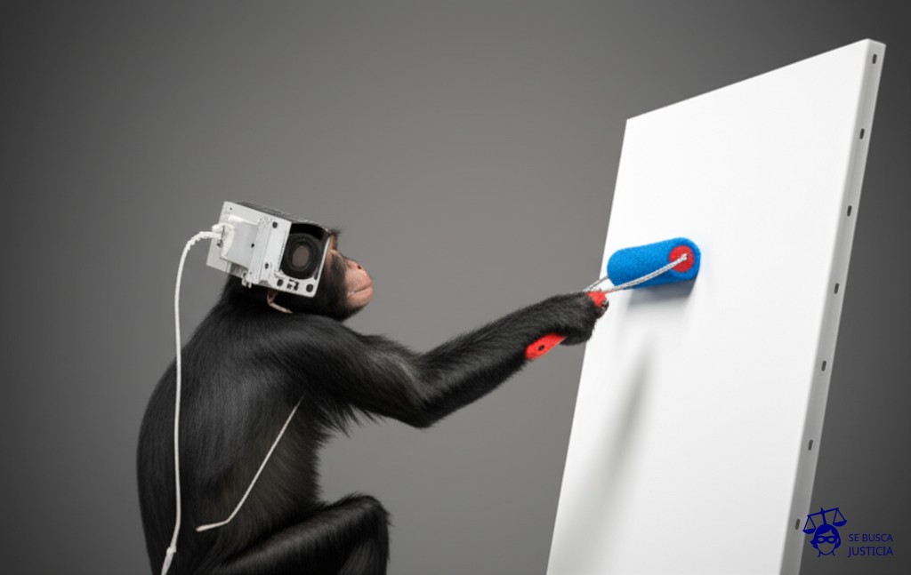 Un mono con una cámara robótica atada al cuello, intentando pintar con un rodillo sobre un lienzo en blanco. Representa: Richard Prince fue demandado por apropiación indebida de imágenes en su serie 'Canal Zone'