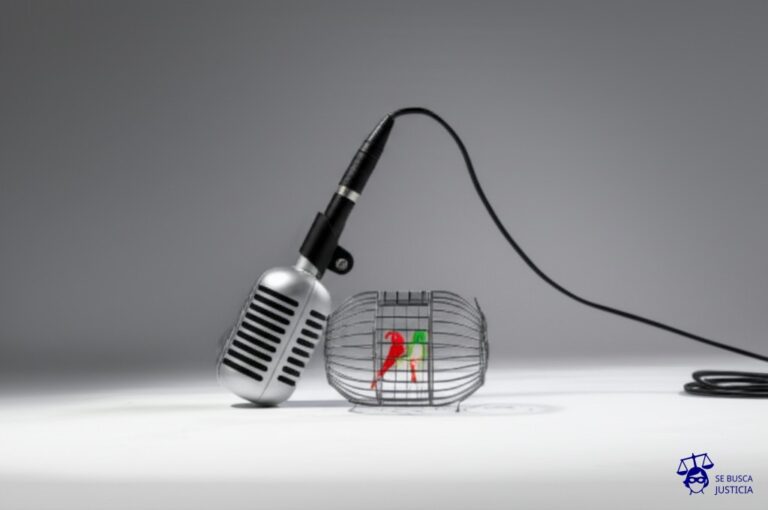 Un micrófono de pie, con una jaula de pájaros encima. El micrófono está inclinado, como si se hubiera caído. Representa: Richard Zamora fue detenido en Cuba tras participar en protestas y realizar una cancion denunciando detenciones