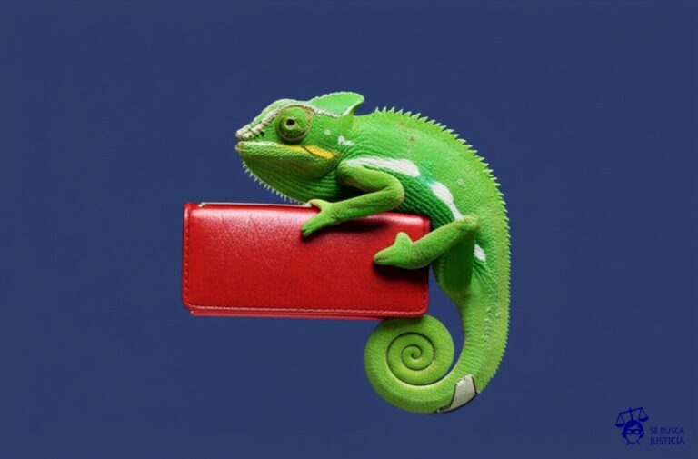 Un camaleón, con la silueta de una cartera de cuero, cambiando de color para imitar una marca conocida, mientras se aleja sigilosamente. Representa: Robo de identidad de marca en redes sociales para fines fraudulentos