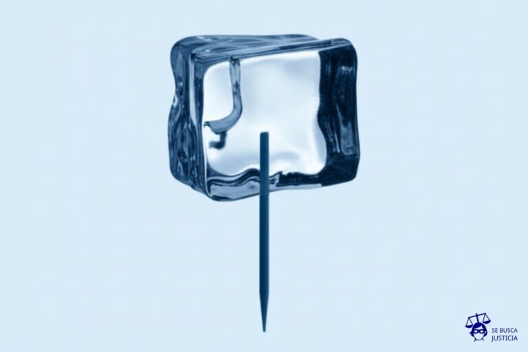 Un gran cubo de hielo, con una pequeña grieta visible, sostenido precariamente por un delgado palillo de dientes. Representa: Roman Cieslewicz creo un cartel para Amnistia Internacional lo que puede generar debate sobre el arte y los derechos humanos