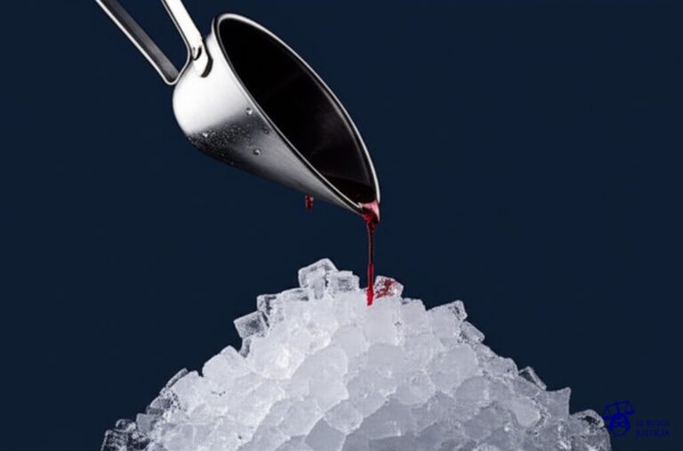 Un gran embudo de metal oxidado, inclinado, con goteras, sobre una pila de cubos de hielo. Representa: Ron Athey fue denunciado por riesgos sanitarios al usar sangre real en sus performances