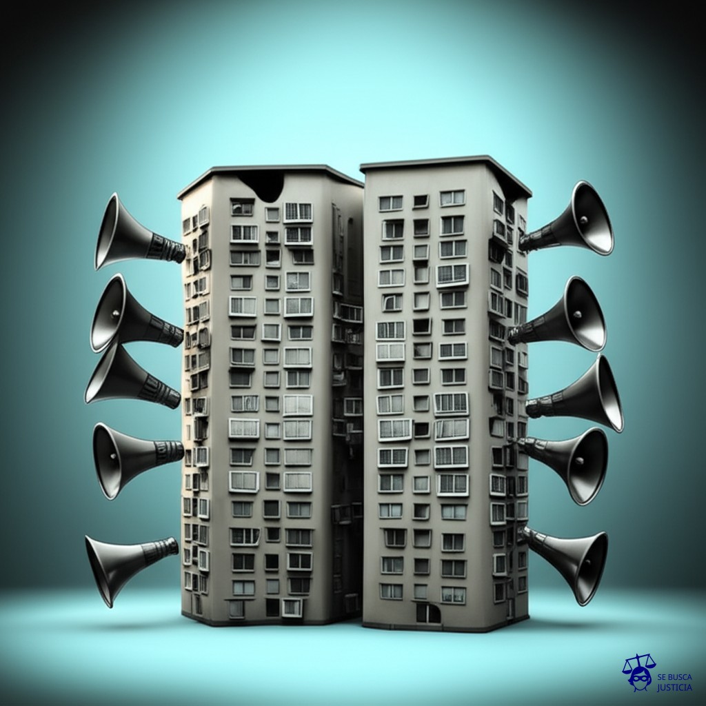 Un edificio de apartamentos con todas las ventanas vibrando violentamente, cada una emitiendo ondas de sonido en forma de bocinas de tractor. Representa: Ruidos molestos por vecinos en propiedad horizontal