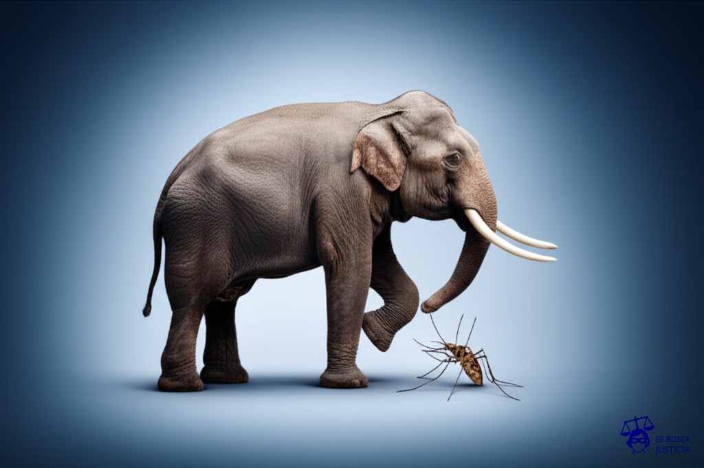 Un mosquito diminuto, intentando levantar un elefante. Representa: Sanciones administrativas desproporcionadas