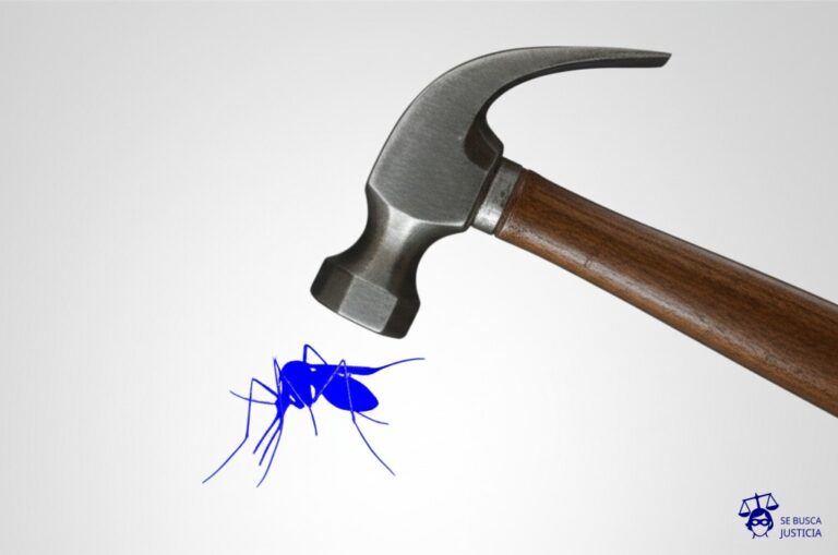 Un diminuto mosquito siendo aplastado por un martillo gigante. Representa: Sanciones desproporcionadas en regímenes de información