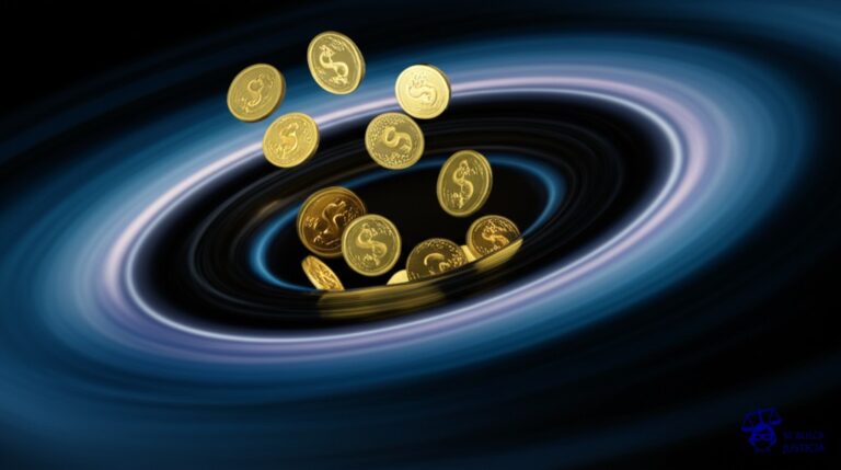 Un gran agujero negro tragándose monedas de oro. Representa: Sanciones por evasión de control cambiario en operaciones