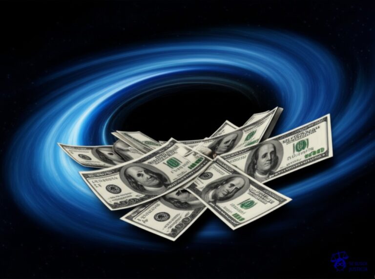 Un gran agujero negro tragándose un montón de billetes de banco. Representa: Sanciones por no emitir comprobantes fiscales