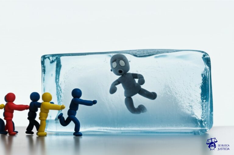 Una fila de pequeños muñecos de plastilina (simbolizando inmigrantes) empujando un gran bloque de hielo (simbolizando instituciones públicas). A medida que el bloque avanza, un muñeco de plastilina más grande, con una expresión petrificada, es aplastado por el bloque. Representa: Santiago Sierra fue vetado de instituciones públicas por proyectos que implicaban explotación simbólica de inmigrantes