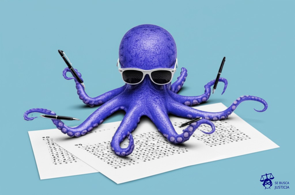 Un pulpo con gafas de sol, extendiendo tentáculos con bolígrafos hacia un examen. Representa: Se filtró un video de un estudiante ecuatoriano copiándose en el examen de residencias con lentes inteligentes.