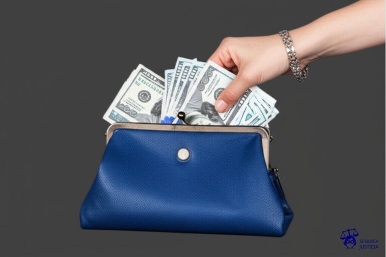 Un gran bolso de mano (de lujo) con un agujero en el fondo, del cual se escapan billetes de dinero. Una mano (con un brazalete llamativo) intenta desesperadamente tapar el agujero, pero es inútil. Representa: Secuestro extorsivo