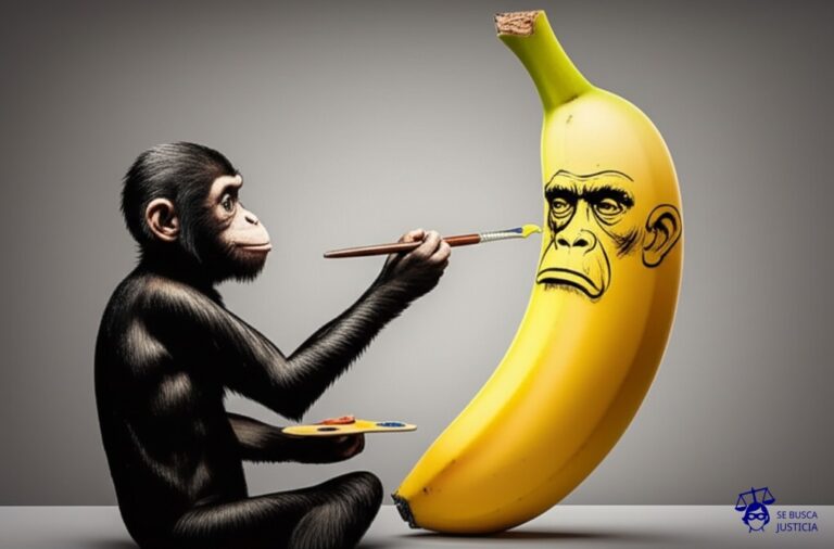 Un artista, representado por un mono con un pincel, intentando pintar un retrato de un plátano. Un gran plátano (el modelo) lo observa con una expresión de fastidio. Representa: Shepard Fairey enfrentó una demanda por usar sin permiso una foto de Obama para su famoso póster 'Hope'