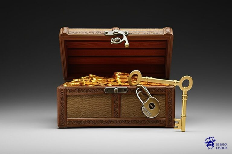 Un gran cofre del tesoro rebosante de monedas de oro, con un candado oxidado y entreabierto, y una llave dorada gigante colocada torpemente en la cerradura. Representa: Sobornos para acceso a licitaciones comerciales