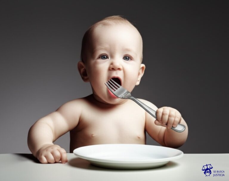 Un bebé, con un tenedor gigante, abriendo la boca exageradamente frente a un plato vacío. Representa: Solicitar aumento en la cuota alimentaria