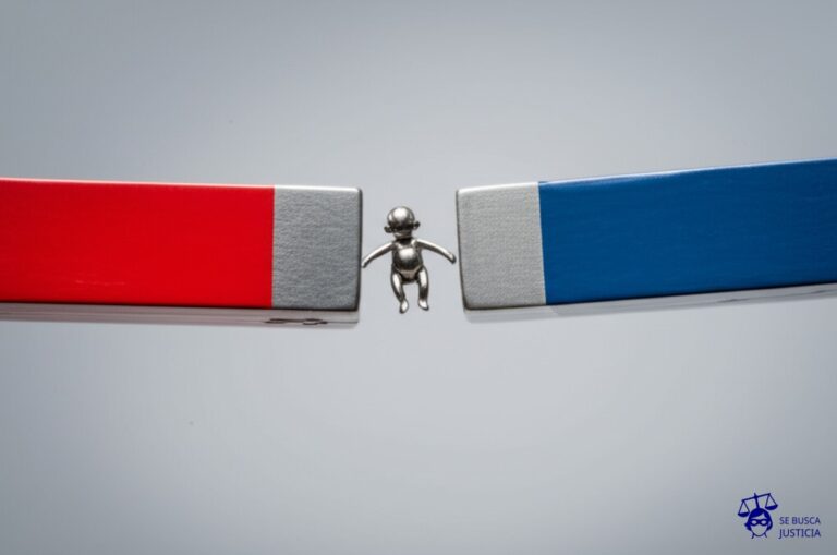 Dos imanes idénticos, con las mismas polaridades enfrentadas, intentando atraerse a un bebé de metal. Representa: Solicitud de adopción por pareja del mismo sexo