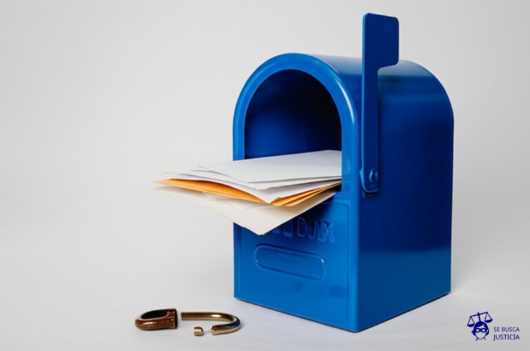 Un gran buzón de correo con una boca gigante y hambrienta, tragando vorazmente una pila de cartas, mientras un pequeño candado oxidado y roto yace en el suelo, a un lado del buzón. Representa: Sophie Calle enfrentó amenazas legales por su obra 'Prenez soin de vous', que incluía correspondencia personal sin permiso