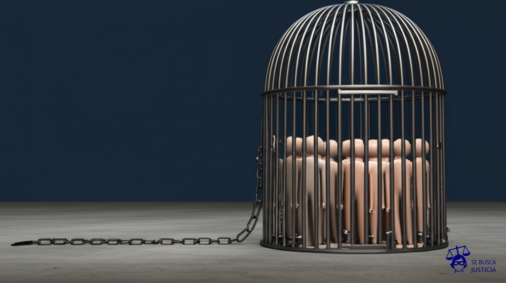 Un grupo de figuras geométricas desnudas (círculos, cuadrados, triángulos) apiñadas en una plaza. Cada figura lleva un pequeño grillete en el tobillo, y todas están conectadas por una cadena a una gran jaula metálica. Representa: Spencer Tunick fue detenido repetidas veces por organizar fotografías masivas de desnudos en lugares públicos