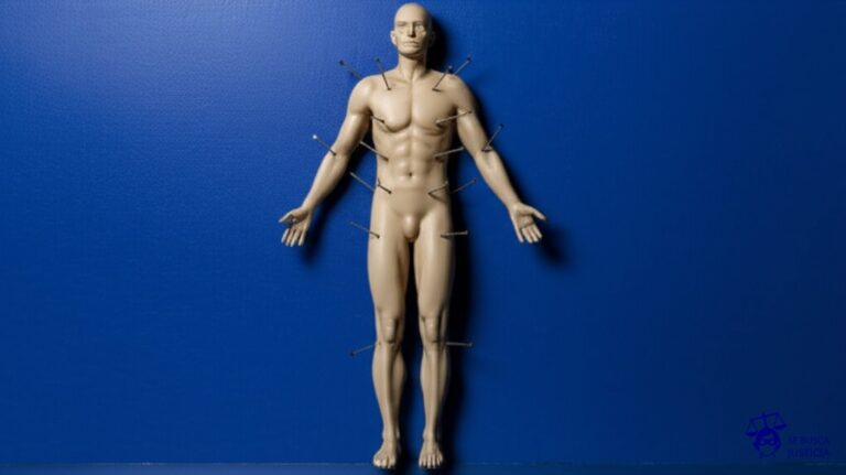 Un maniquí con múltiples extremidades adicionales, clavado a una pared con clavos gigantes. Representa: Stelarc ha utilizado su cuerpo en performances extremas lo que ha generado debate sobre los limites del arte y el cuerpo