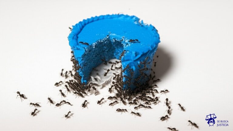 Un gran pastel (el contenido) con un agujero irregular y con migas desparramadas (la calidad y la fragmentación) siendo comido vorazmente por un enjambre de hormigas (los usuarios) que lo rodean. Representa: Streaming ilegal de contenidos audiovisuales con derechos reservados