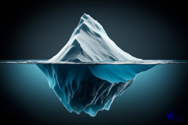 Un iceberg, con una pequeña punta visible sobre el agua, y una enorme base sumergida. Representa: Subfacturación de mercaderías importadas