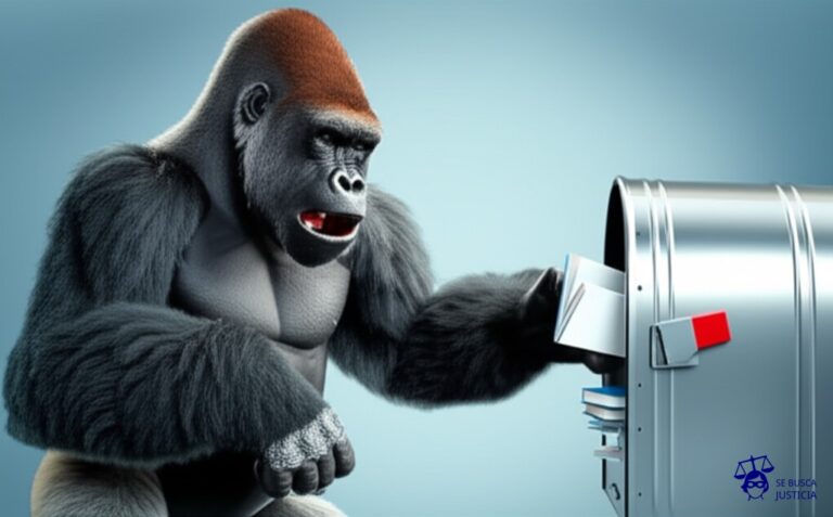 Un gorila robusto, con una expresión de fastidio, intentando meter a la fuerza un libro pequeño y delicado en un buzón diminuto, que ya está desbordando de otros libros similares. Representa: Subida de contenido educativo protegido sin permiso en plataformas online