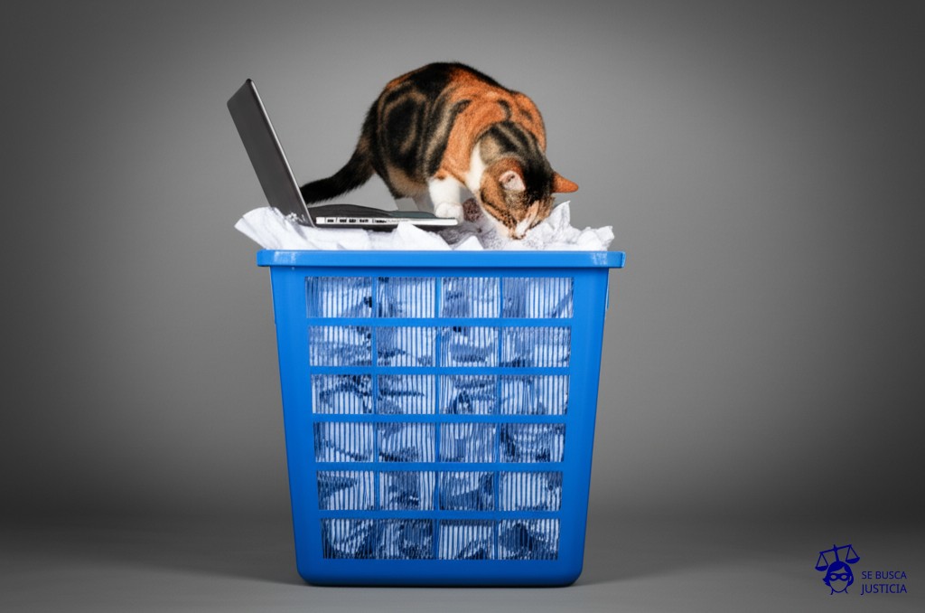 Un cesto de basura desbordante, con un ordenador portátil encima, y un gato intentando meterse dentro. Representa: Supervisión inadecuada de proveedores que procesan datos