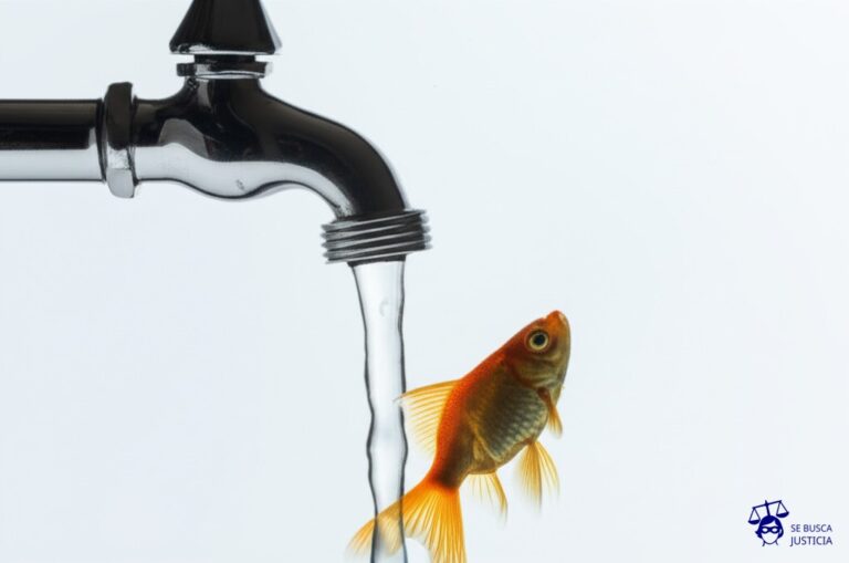 Un grifo de agua que intenta echar agua, pero solo sale aire, con un pequeño pez dorado mirando frustrado. Representa: Suspensión de servicios por error del banco