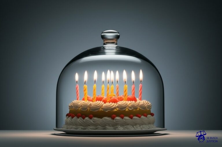 Un gran pastel de cumpleaños perfectamente decorado, con velas encendidas, cubierto por una campana de cristal invertida. Representa: Suspensión injustificada de actividades económicas
