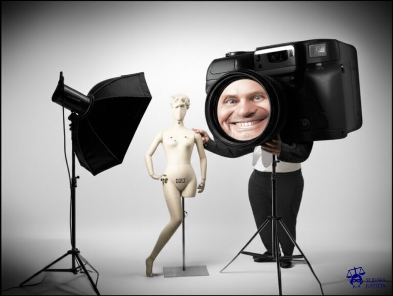 Un gran foco de estudio apuntando a un maniquí con una pose exagerada, con una mano torpemente colocada sobre su hombro, mientras un fotógrafo (representado por una cámara gigante y grotesca) se inclina sobre él con una sonrisa desmedida. Representa: Terry Richardson fue denunciado por abuso sexual durante sesiones fotográficas consideradas 'arte'