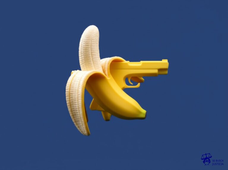 Un plátano tallado con la forma de una pistola, con la cáscara parcialmente despegada, revelando la carne del plátano. Representa: Tom Sachs fue investigado por crear réplicas funcionales de armas como parte de su obra