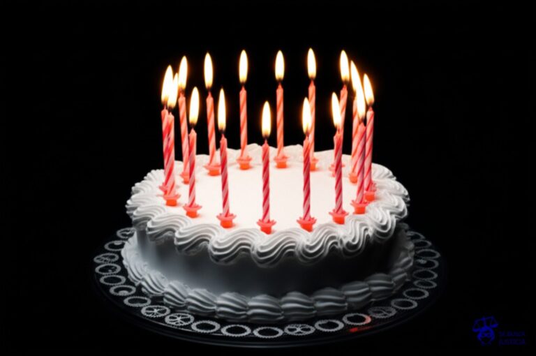 Un gran pastel de cumpleaños con velas encendidas. Alrededor del pastel, en lugar de niños, hay pequeños engranajes metálicos girando a toda velocidad. Representa: Trabajo infantil encubierto