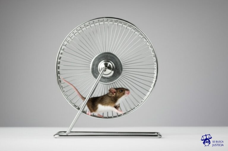 Un ratón corre en una rueda de hámster, pero la rueda está vacía, sin comida ni agua. Representa: Trabajo no remunerado en periodo de prueba