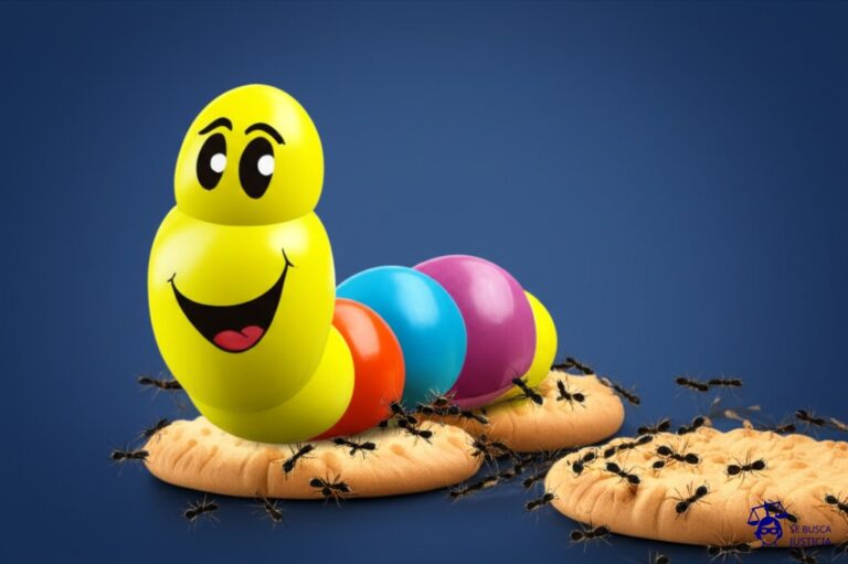 Un gusano gordo y sonriente, hecho de caramelos, arrastrándose por una carretera de migas de galleta, dejando tras de sí un rastro de hormigas frenéticas. Representa: Tráfico de drogas ilícitas