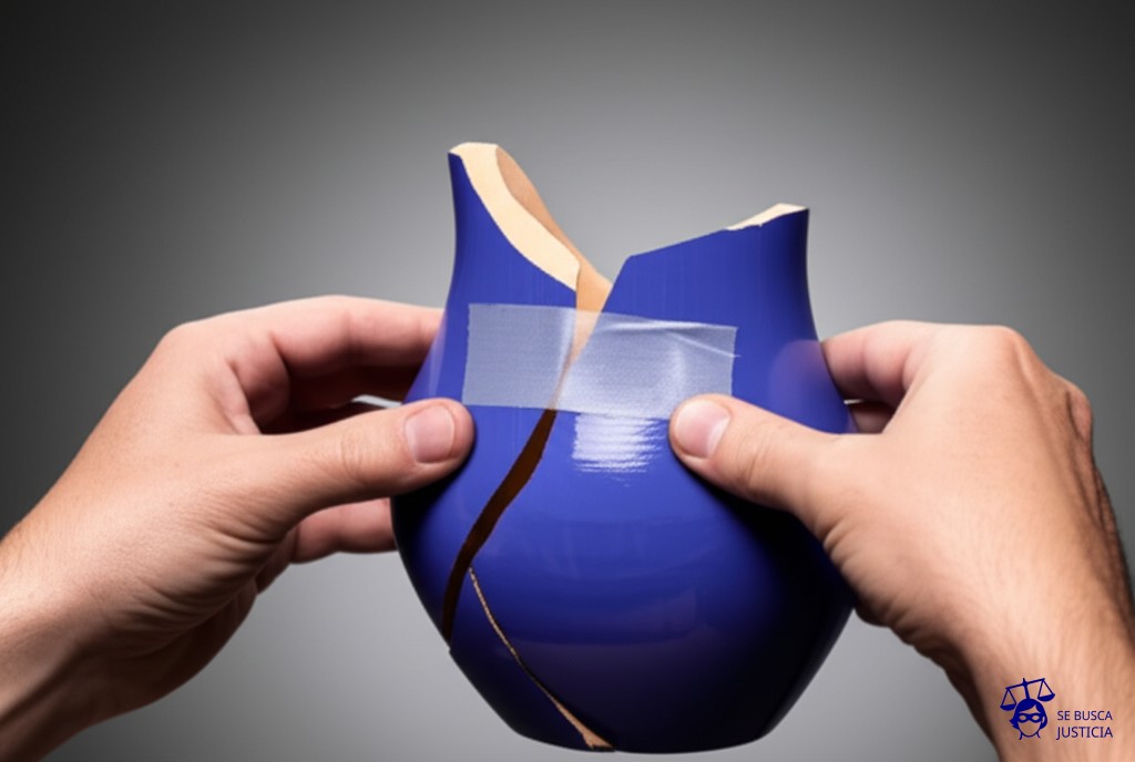 Un par de manos intentando unir dos mitades de un jarrón roto con cinta adhesiva, y la cinta se despega. Representa: Trámite de mediación fracasado