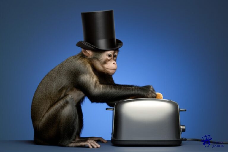 Un mono con un sombrero de copa intentando usar una tostadora. Representa: Transferencia de tecnología sin acuerdos de propiedad intelectual