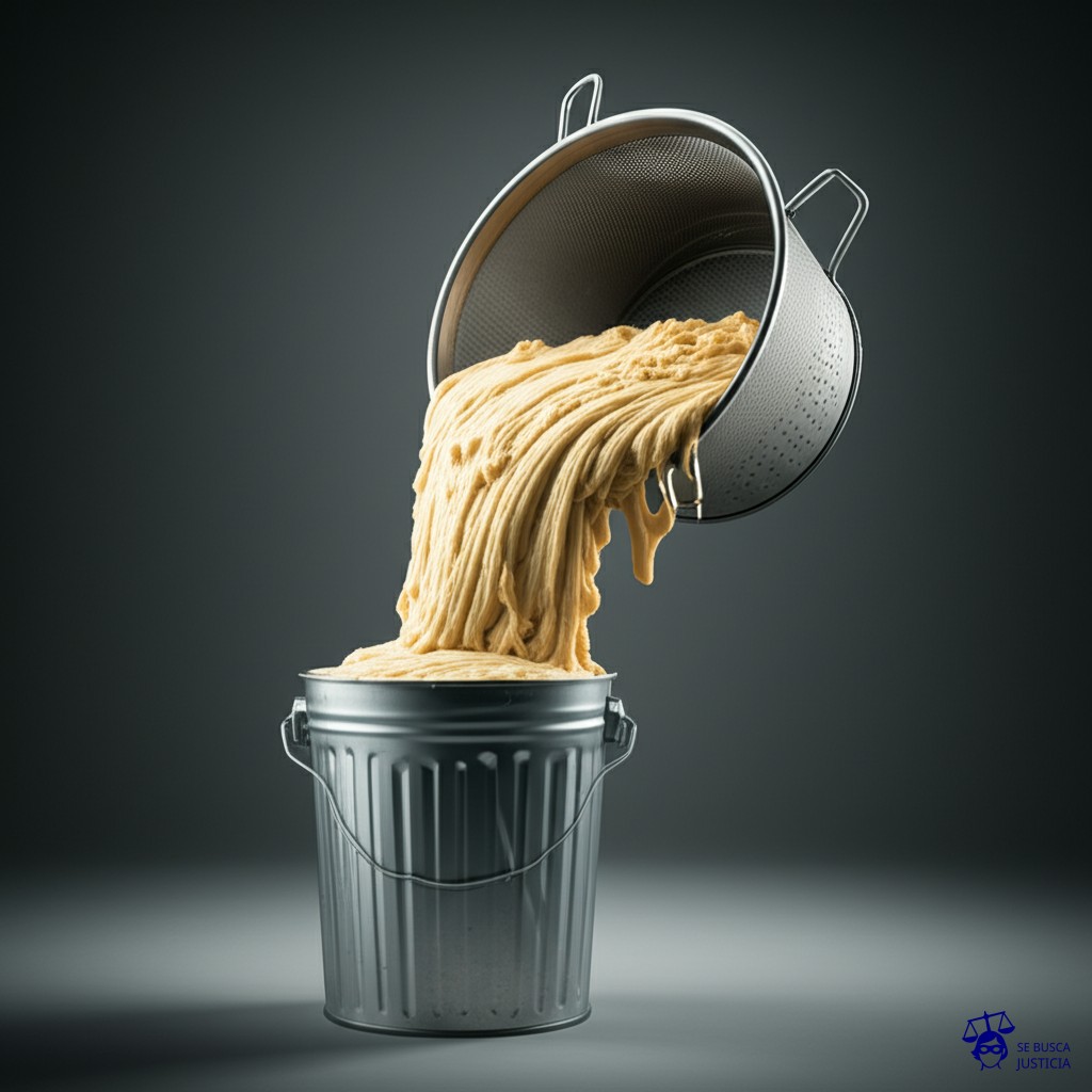Un gran colador industrial, lleno hasta el borde con una masa informe y viscosa, goteando en un cubo de basura oxidado. Representa: Tratamiento masivo de datos sin base legal clara