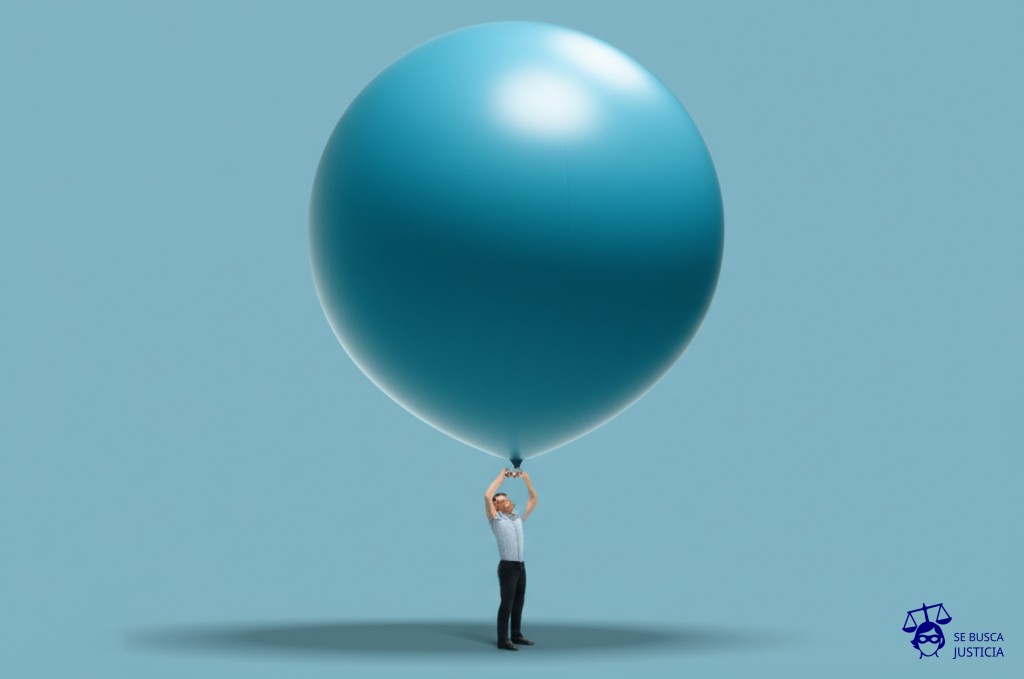 Un gran globo, inflado al máximo, atado a una persona que está intentando desesperadamente, pero inútilmente, empujarlo hacia arriba con una pajita. Representa: Tributación sobre ingresos no devengados