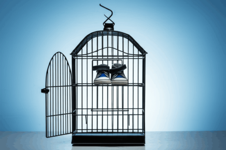 Un par de zapatos infantiles vacíos, colocados torpemente en la entrada de una jaula para pájaros abierta. Representa: Tutela legal solicitada por familiar por incapacidad parental