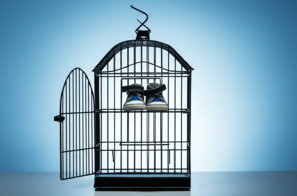 Un par de zapatos infantiles vacíos, colocados torpemente en la entrada de una jaula para pájaros abierta. Representa: Tutela legal solicitada por familiar por incapacidad parental
