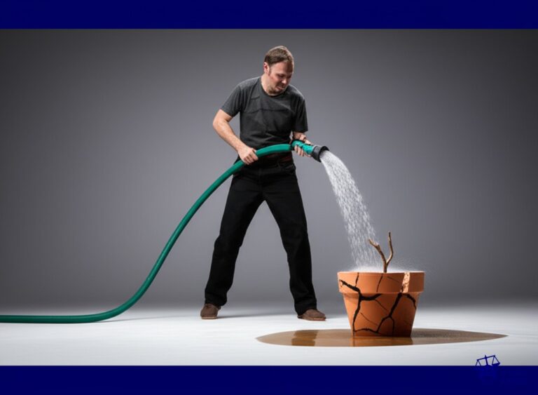 Un hombre con una enorme manguera, con la que está regando una maceta diminuta. La maceta está seca y agrietada, mientras el agua se desperdicia en el suelo. Representa: Un proveedor de energía eléctrica cobra consumos excesivos o realiza cortes injustificados del servicio sin brindar explicaciones claras o soluciones rápidas al problema.
