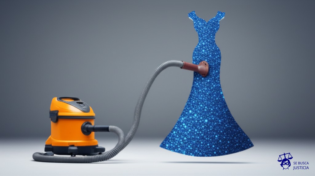 Un elegante vestido de noche (representado por una forma estilizada y brillante) siendo tragado por una boca de aspiradora industrial oxidada y con aspecto descuidado. Representa: Un proveedor de servicios de lavandería daña o extravía prendas de vestir de alto valor sin ofrecer una compensación justa por el perjuicio o el valor de la ropa.