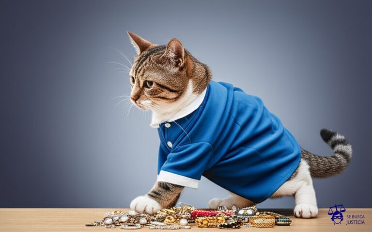 Un gato (representando al proveedor) vestido con un uniforme de limpieza, caminando tranquilamente por una mesa (la propiedad del cliente) y empujando con su cola una pila de objetos de valor (joyas, dinero) hacia el borde, a punto de caer al suelo. El gato mira hacia otro lado, indiferente. Representa: Un proveedor de servicios de limpieza del hogar causa daños a la propiedad o roba objetos de valor durante la prestación del servicio sin asumir responsabilidad alguna.