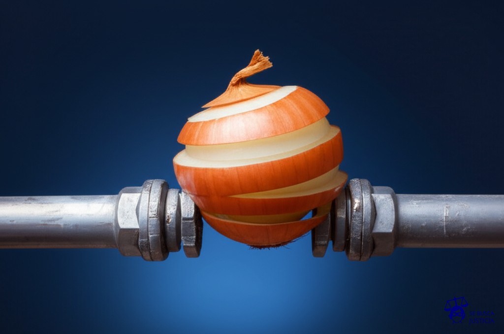 Una cebolla con muchas capas, cada una más pequeña y podrida que la anterior, dentro de una tubería rota. Representa: Un proveedor de servicios de mantenimiento para el hogar (plomero electricista) realiza un trabajo deficiente que causa daños adicionales o requiere nuevas reparaciones en poco tiempo.